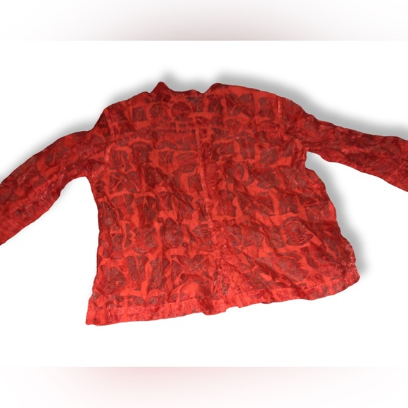 Mirasol Burnt Orange Retro Abstract Floral Pattern Sheer Button Up Blouse - Picture 4 of 10